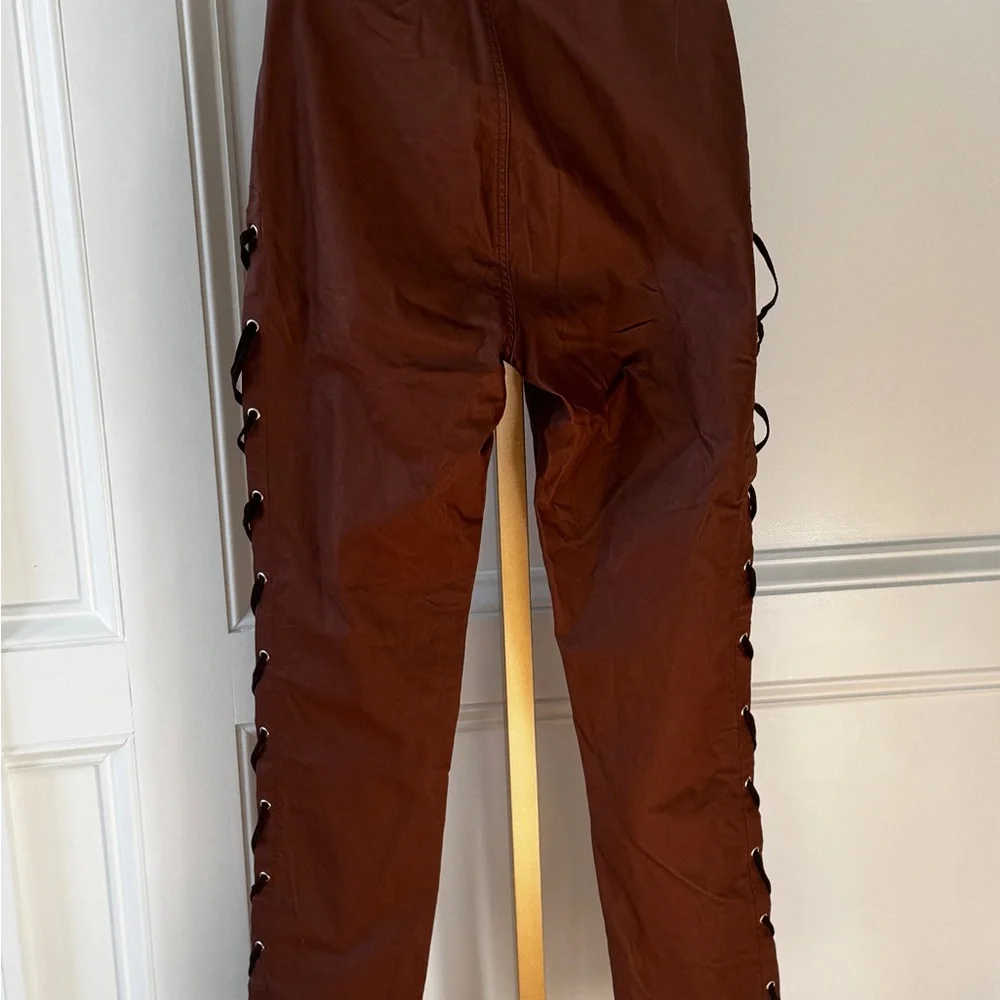 Y2K Brown Faux Leather SideLace Up Pants Women’s Slim Shein Moto Festival 28 - Picture 2 of 6